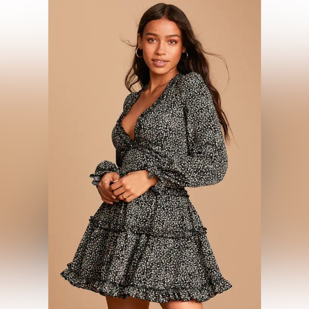 LuLus Admire You Black Floral Print Ruffled Long Sleeve Mini Dress